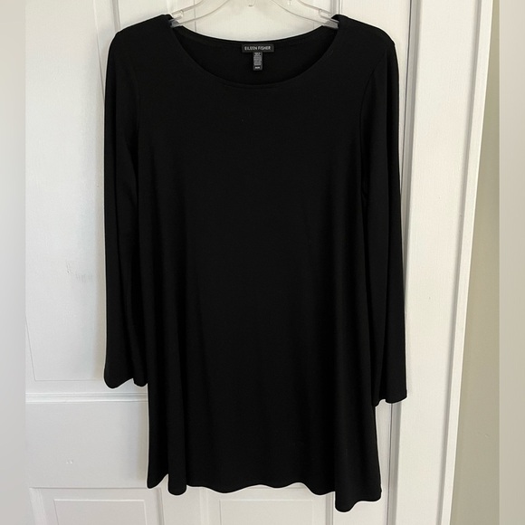 Eileen Fisher Black Jersey Knit Long Sleeve Shift Dress size M Minimalist - Picture 2 of 14